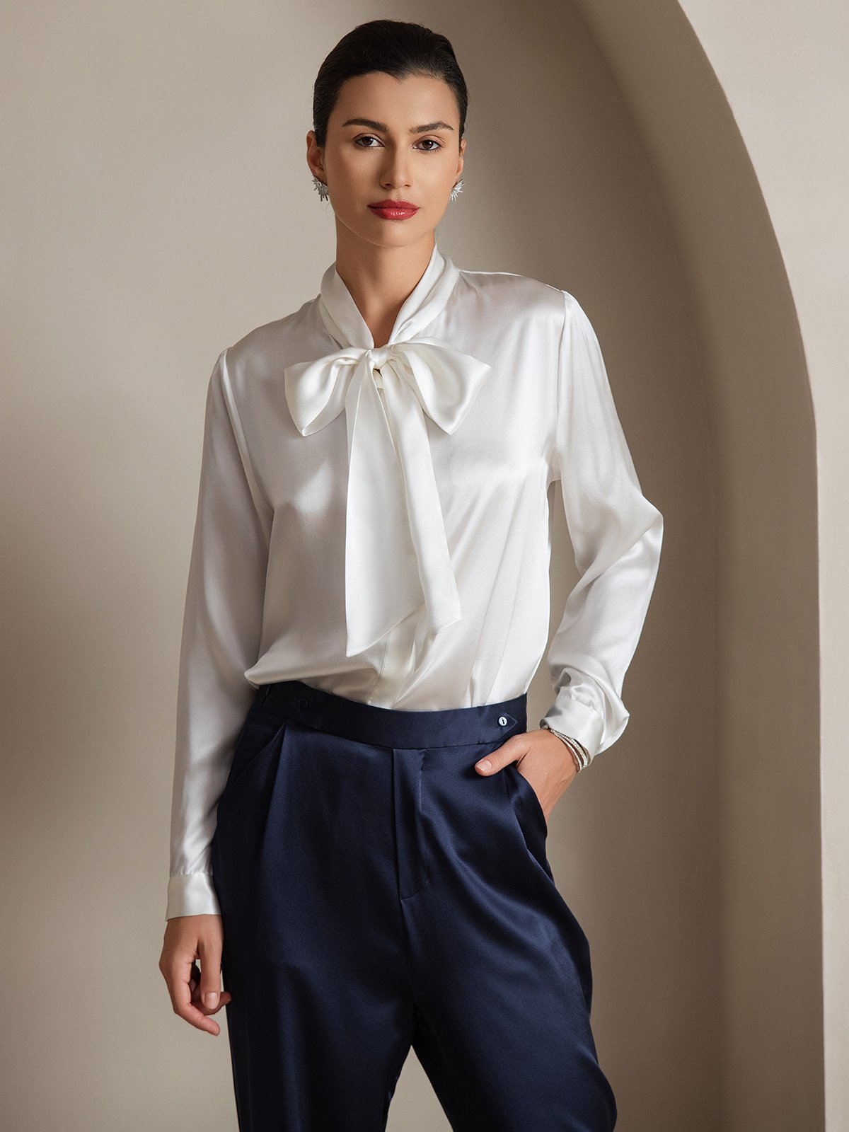 19Momme Silk Long Sleeve Tie Neck Blouse