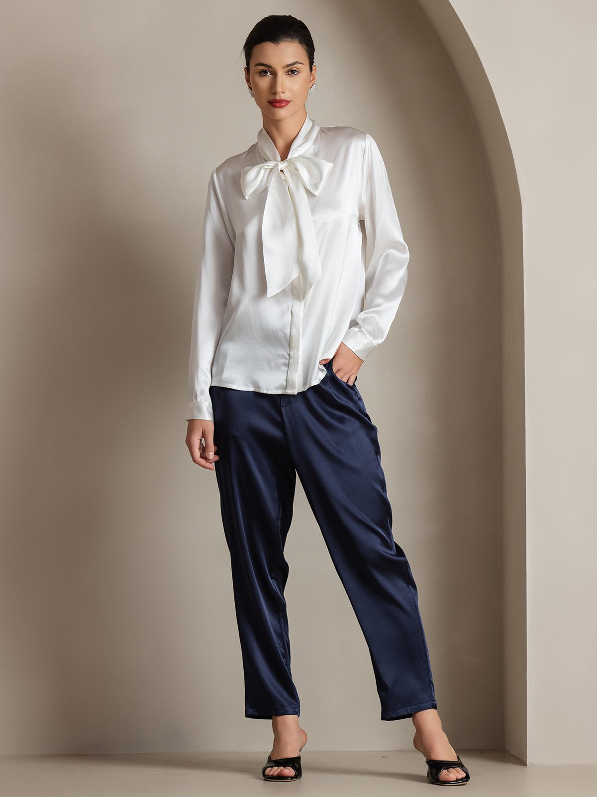 19Momme Silk Long Sleeve Tie Neck Blouse