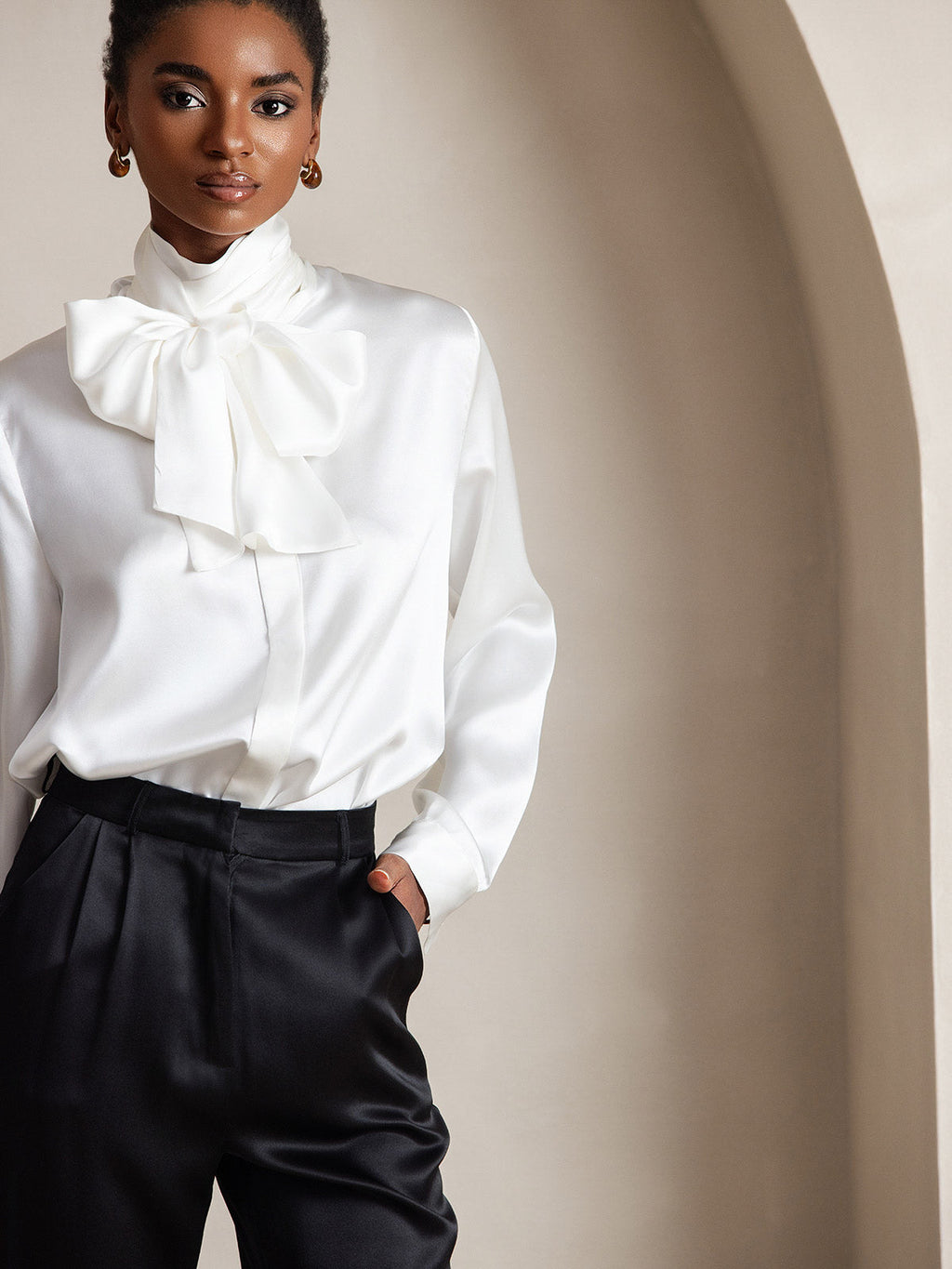 19Momme Silk Long Sleeve High Neck Bow Tie Blouse