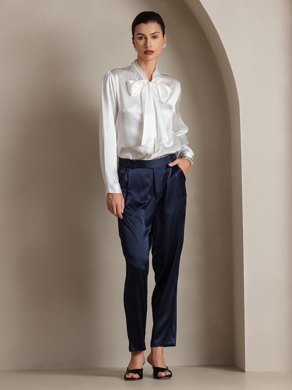 19Momme Silk Long Sleeve Tie Neck Blouse