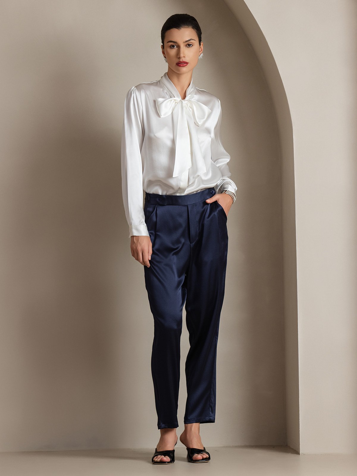 19Momme Silk Long Sleeve Tie Neck Blouse