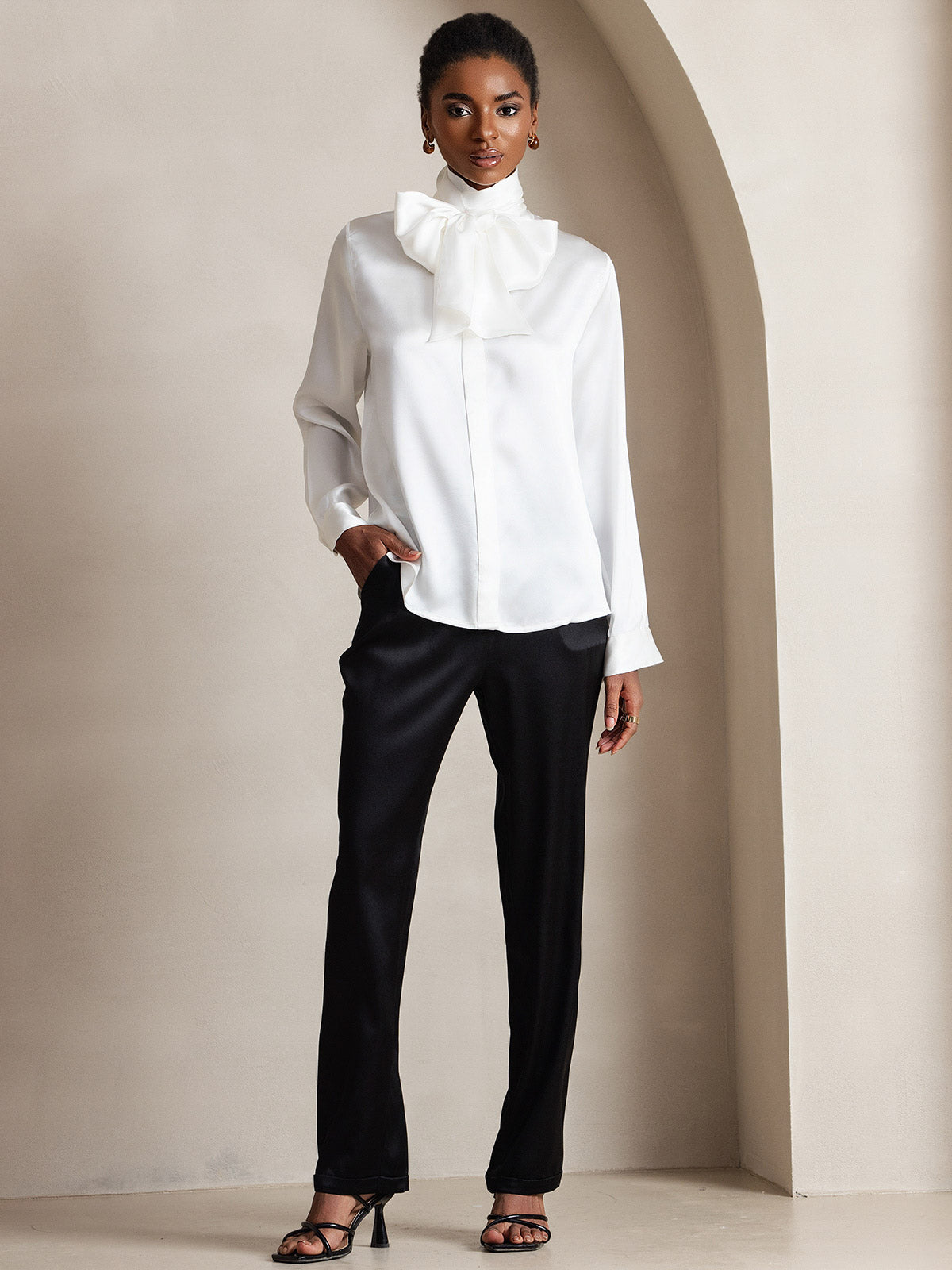 19Momme Silk Long Sleeve High Neck Bow Tie Blouse