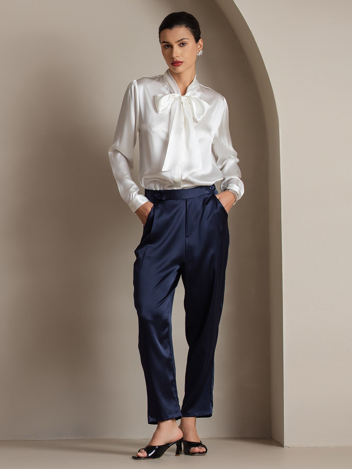 19Momme Silk Long Sleeve Tie Neck Blouse