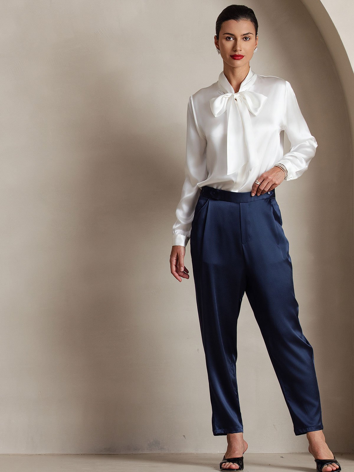 19Momme Silk Long Sleeve Tie Neck Blouse