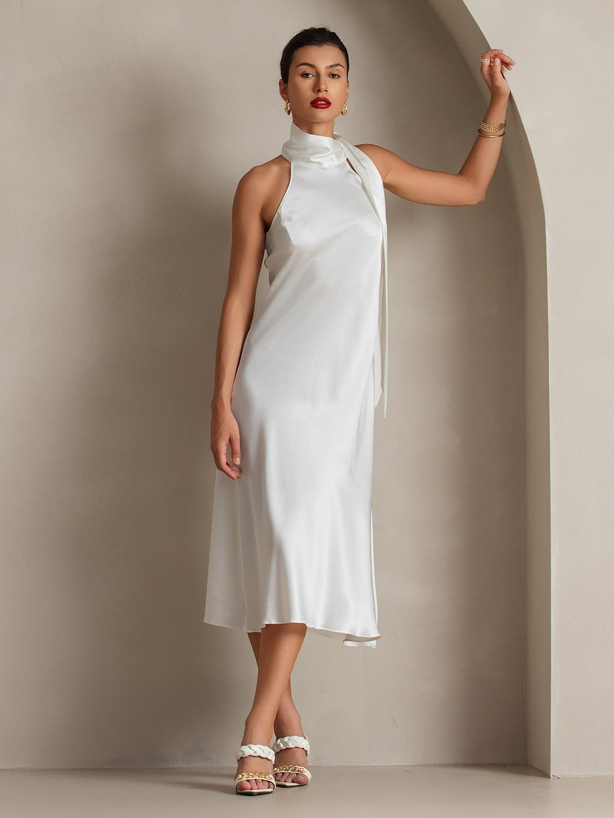 19Momme Silk Tie Neck Maxi Dress