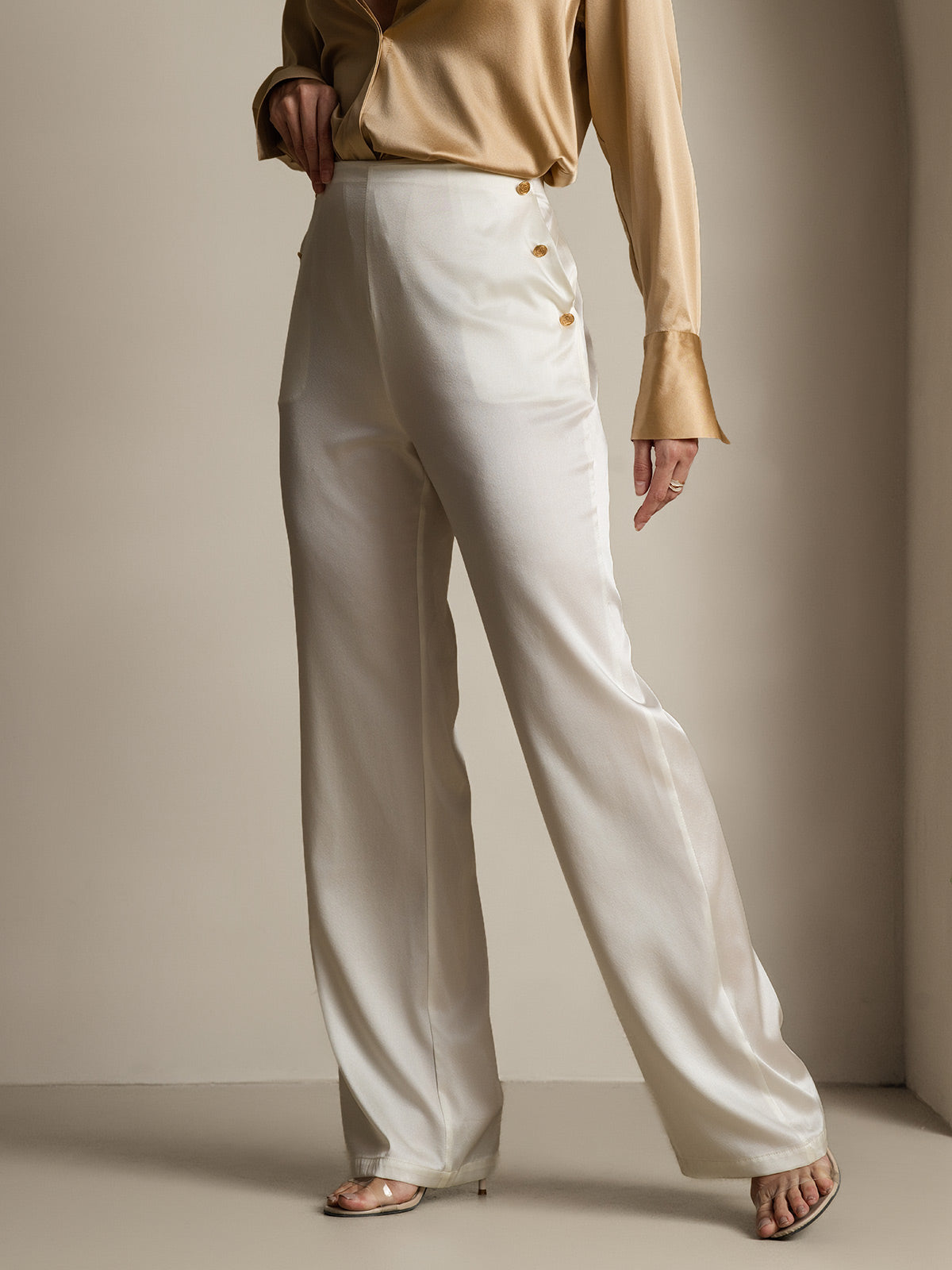Women's 19Momme Silk High Waist Pants with Back Elastic Waist Design