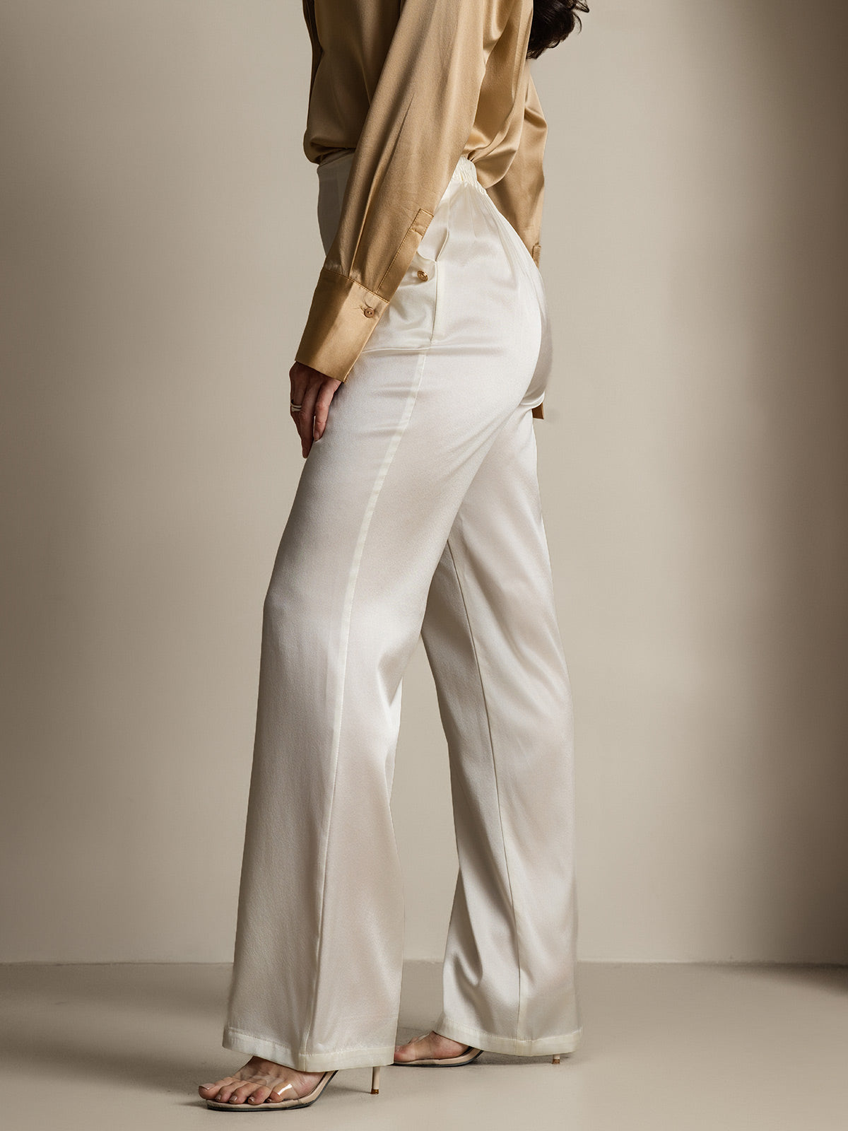 Women's 19Momme Silk High Waist Pants with Back Elastic Waist Design