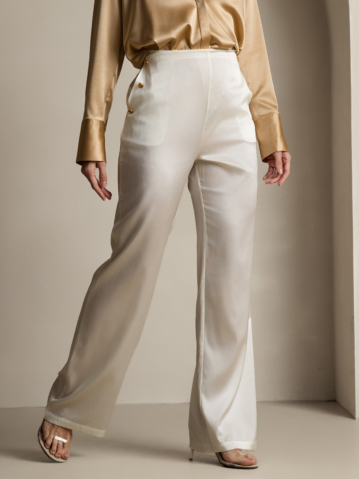 Women's 19Momme Silk High Waist Pants with Back Elastic Waist Design