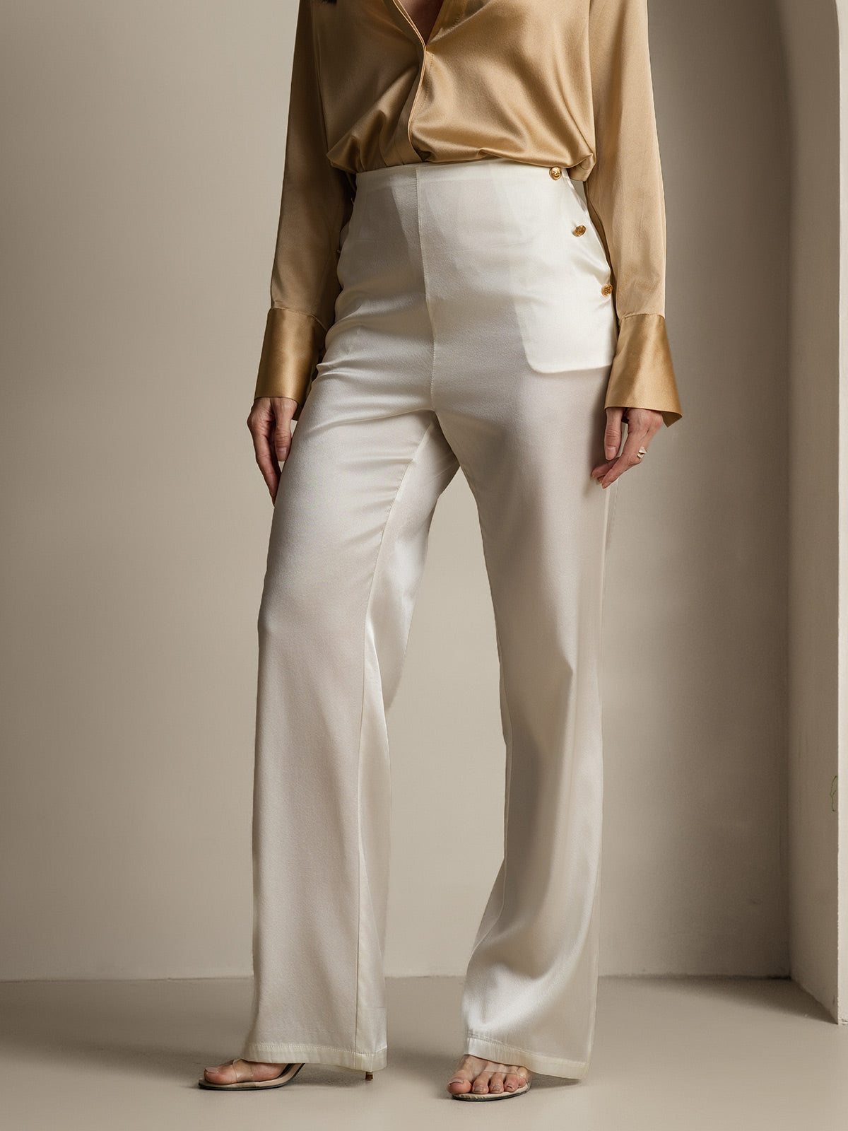 Women's 19Momme Silk High Waist Pants with Back Elastic Waist Design