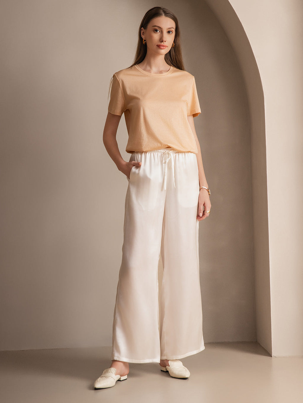 Pure Silk Wide Leg Women's Pants with Elastic Waist Design
