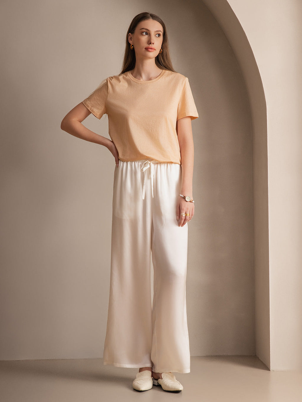 Pure Silk Wide Leg Women's Pants with Elastic Waist Design