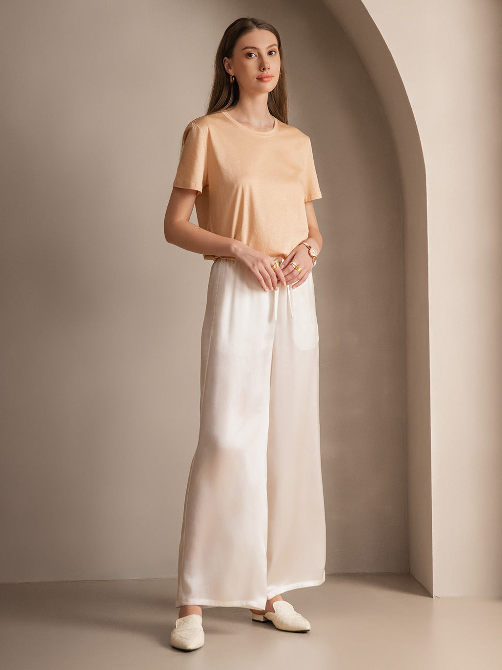 Pure Silk Wide Leg Women's Pants with Elastic Waist Design