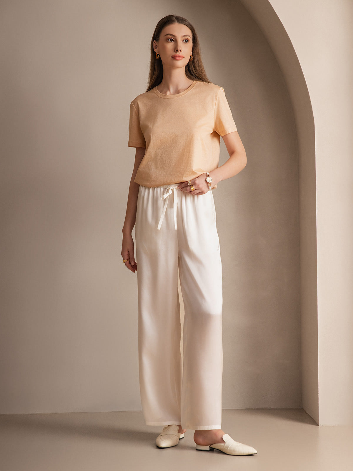 Pure Silk Wide Leg Women's Pants with Elastic Waist Design