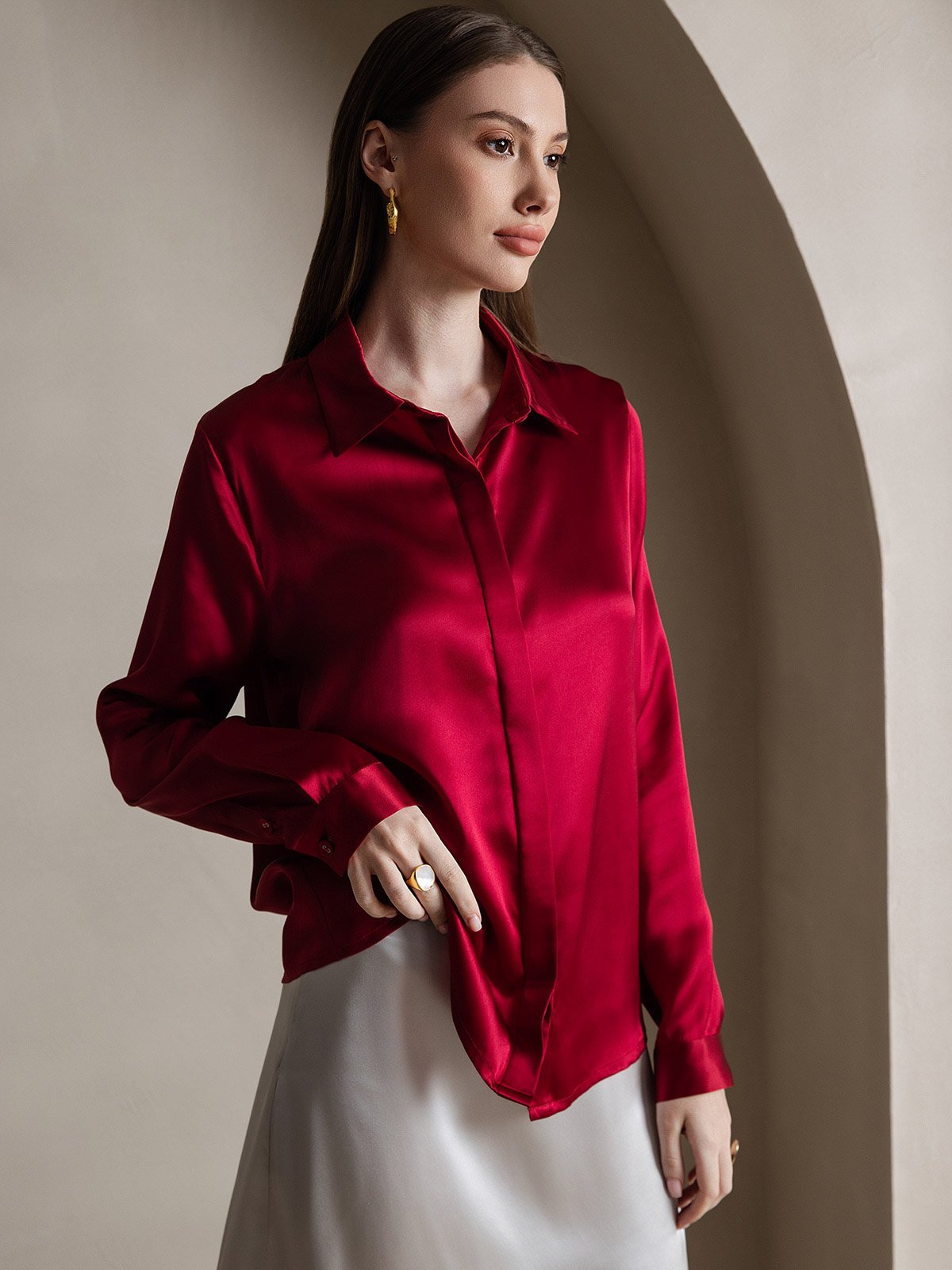 19Momme Silk Long Sleeve Lapel Collar Women's Shirt