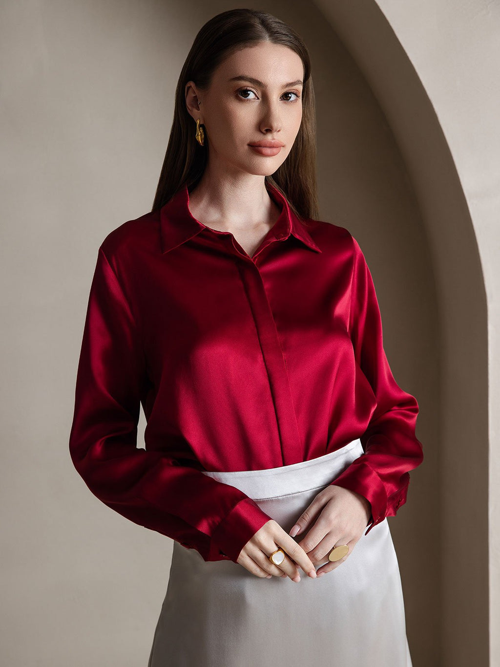 19Momme Silk Long Sleeve Lapel Collar Women's Shirt