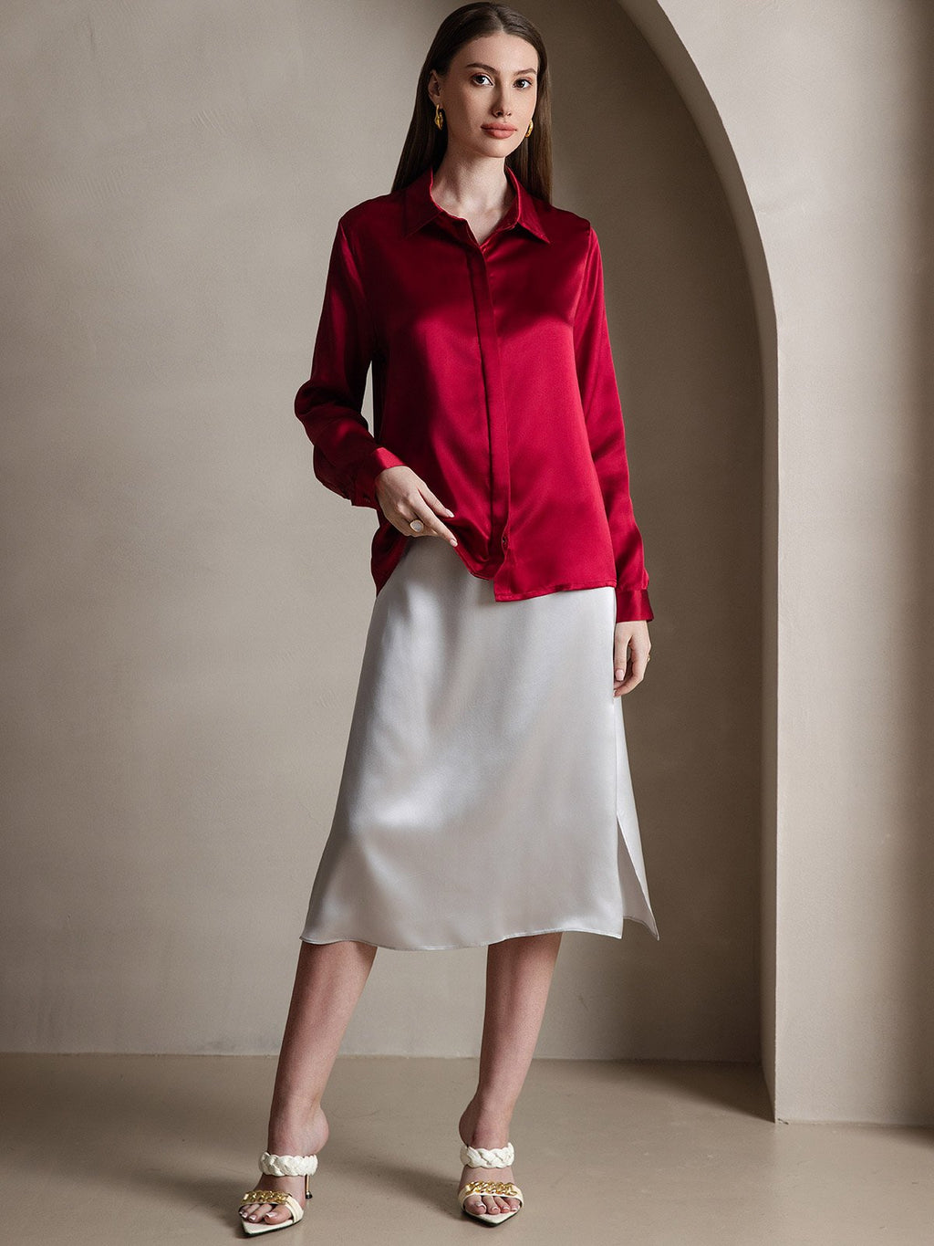 19Momme Silk Long Sleeve Lapel Collar Women's Shirt
