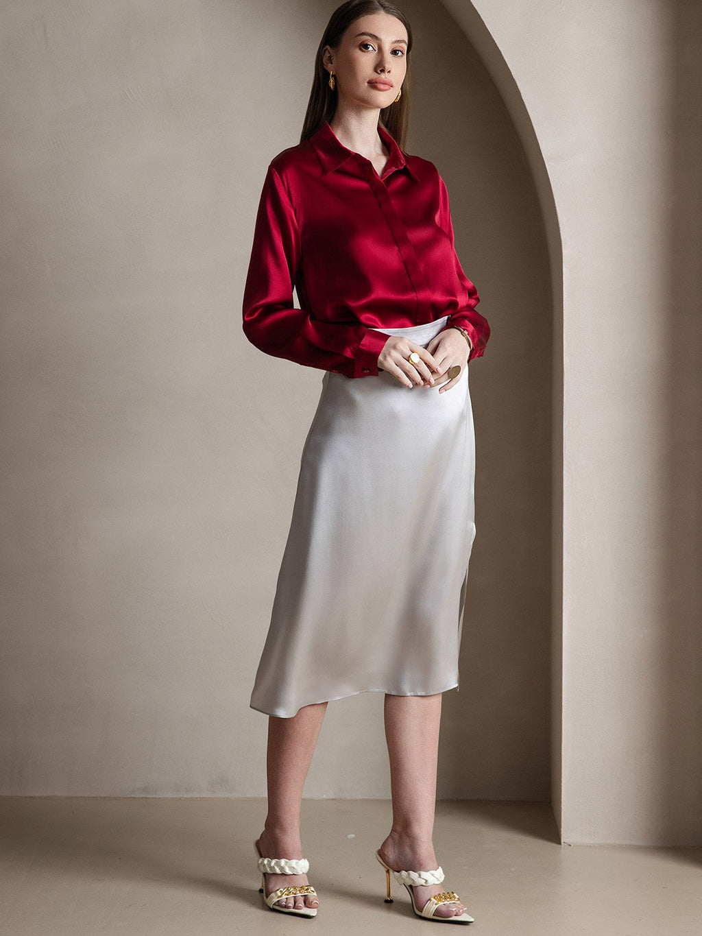 19Momme Silk Long Sleeve Lapel Collar Women's Shirt