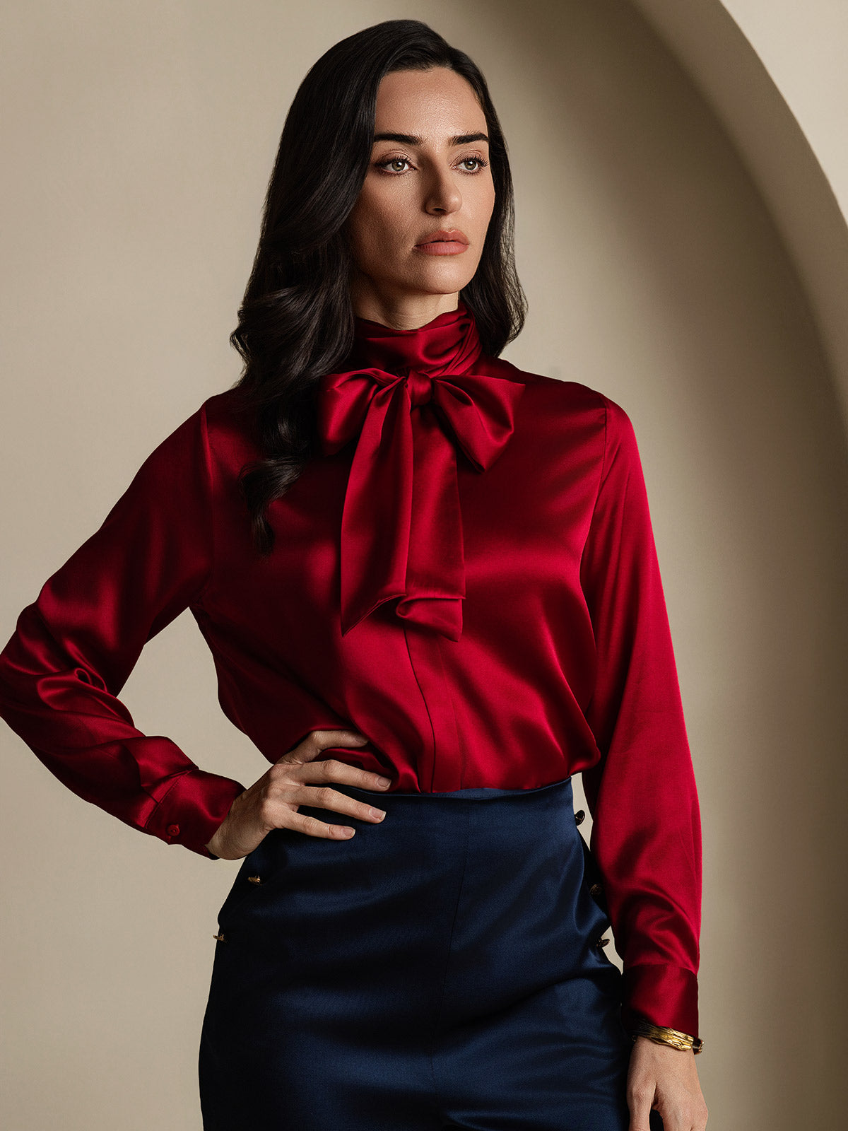19Momme Silk Long Sleeve High Neck Bow Tie Blouse