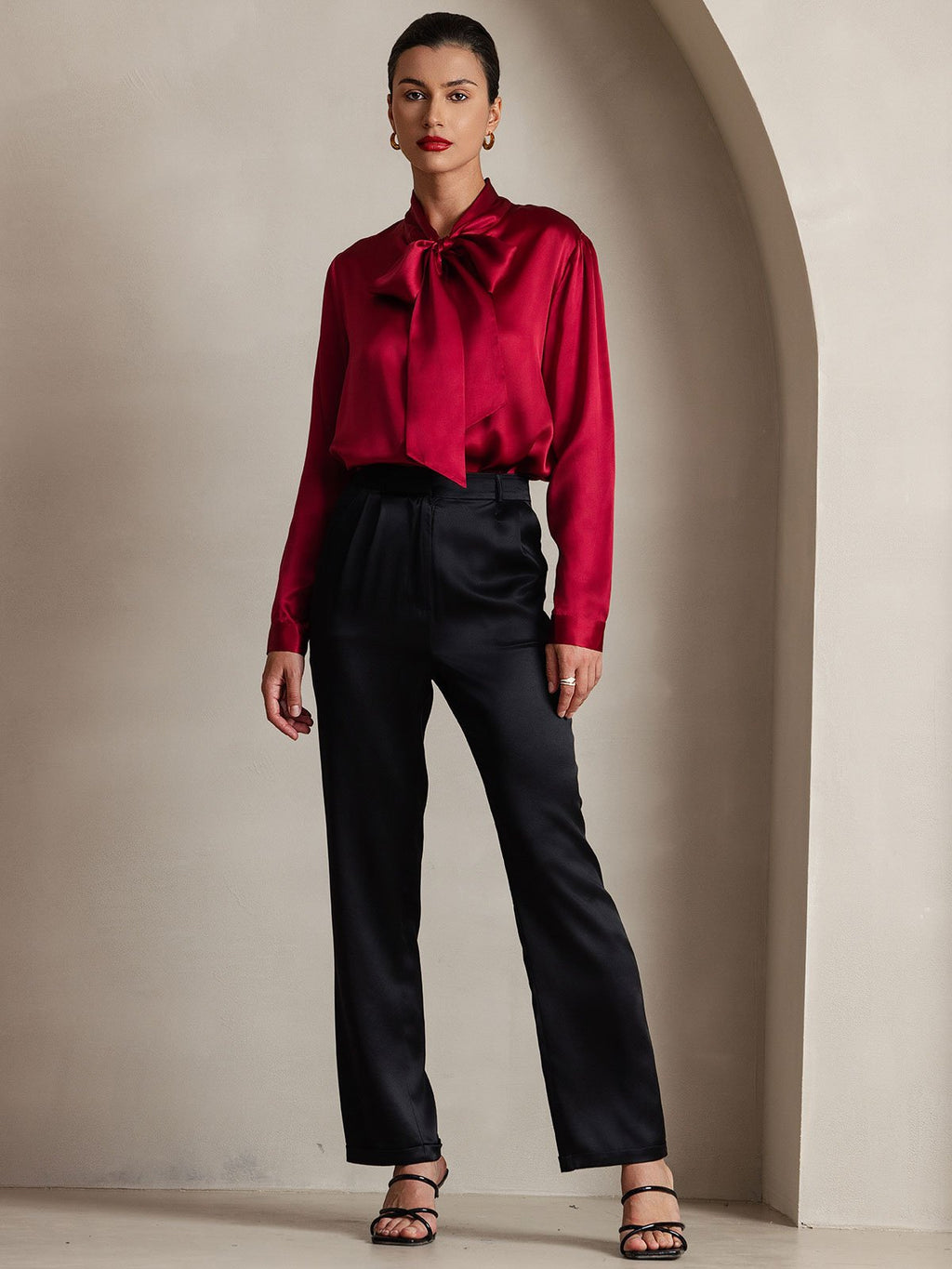19Momme Silk Long Sleeve Tie Neck Blouse