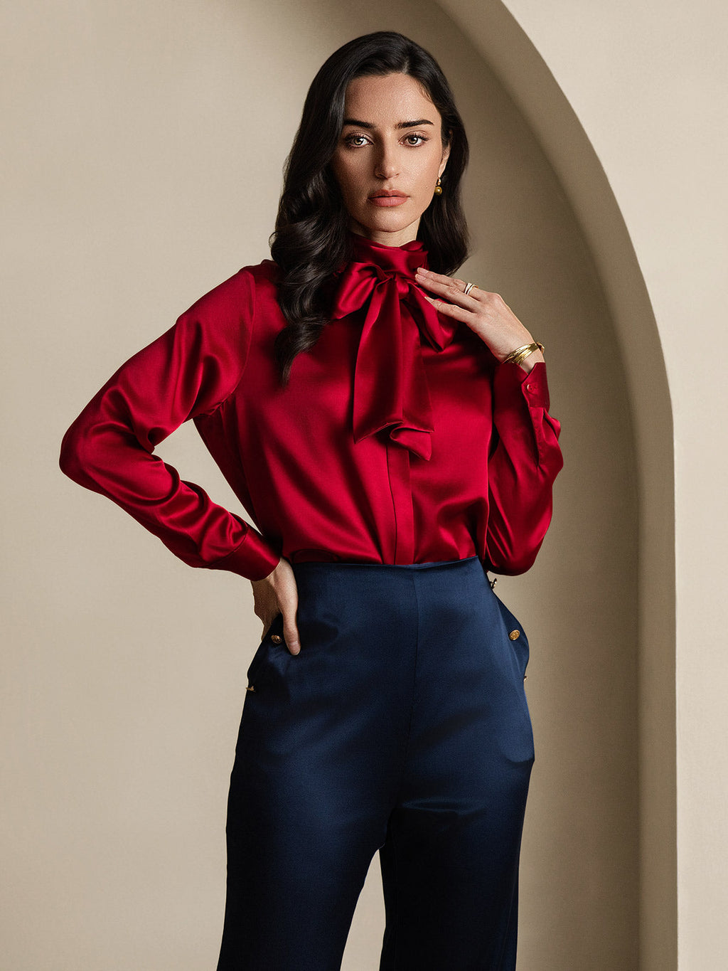 19Momme Silk Long Sleeve High Neck Bow Tie Blouse