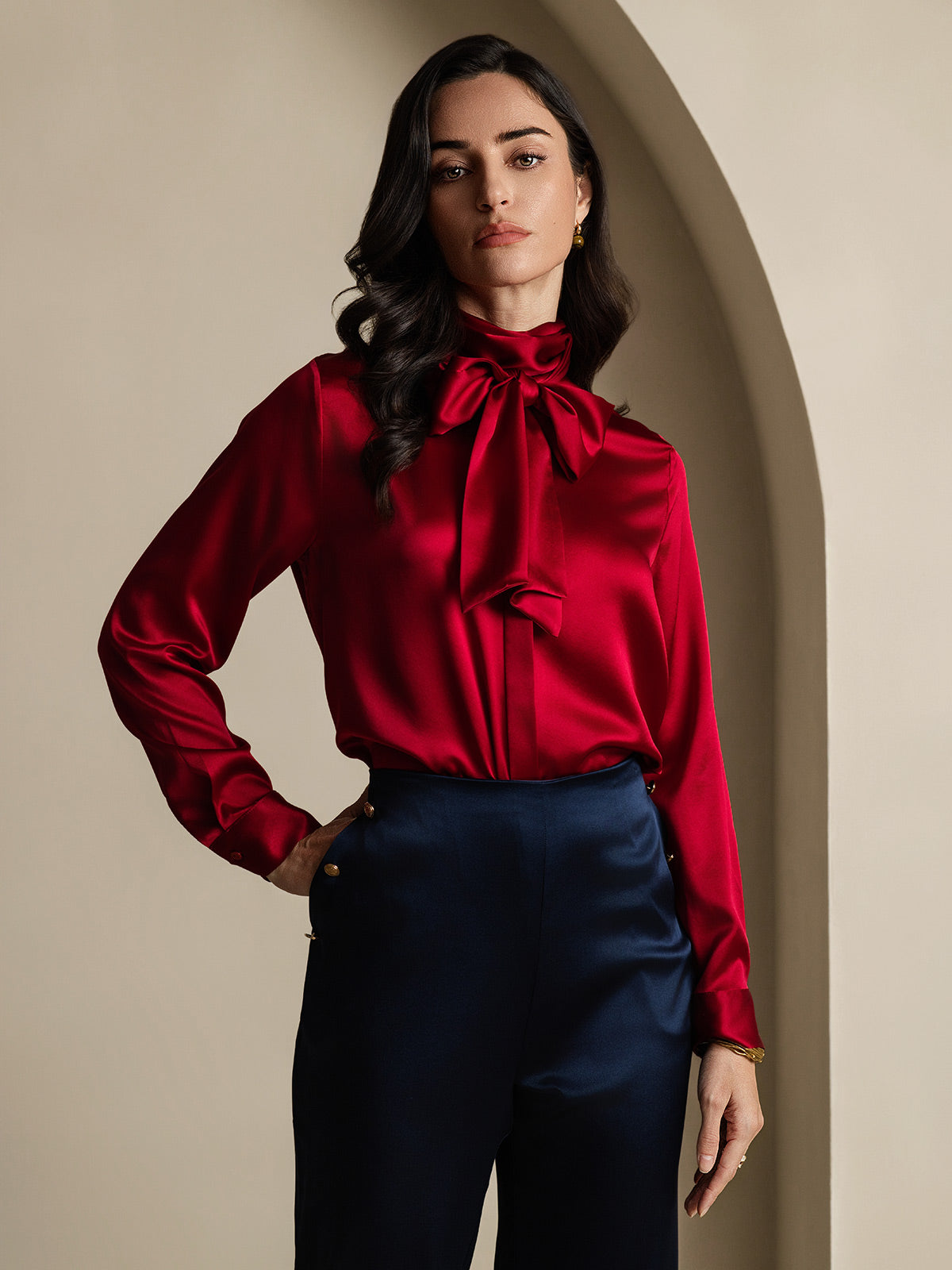 19Momme Silk Long Sleeve High Neck Bow Tie Blouse