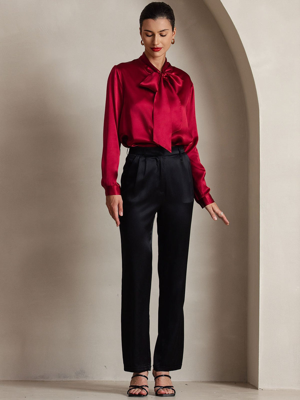19Momme Silk Long Sleeve Tie Neck Blouse