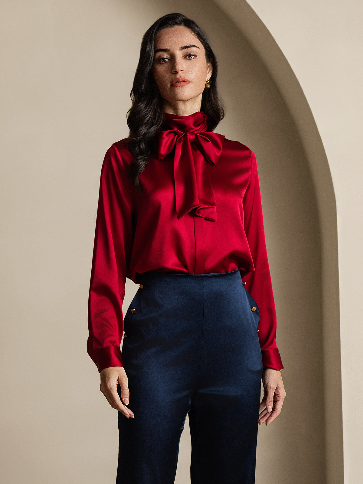 19Momme Silk Long Sleeve High Neck Bow Tie Blouse