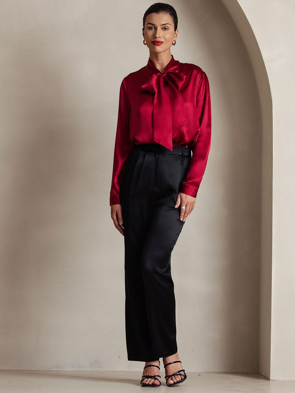 19Momme Silk Long Sleeve Tie Neck Blouse
