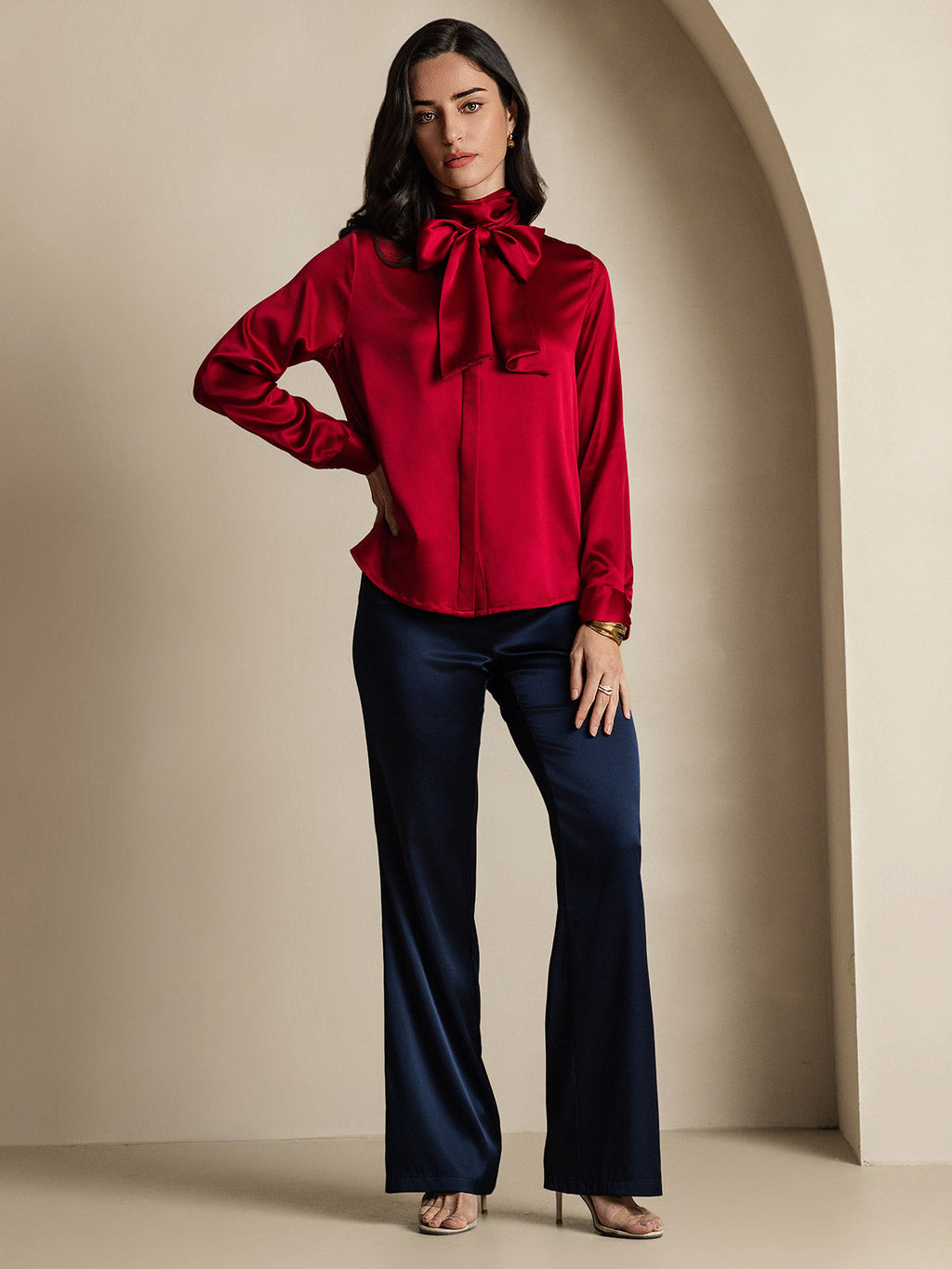 19Momme Silk Long Sleeve High Neck Bow Tie Blouse