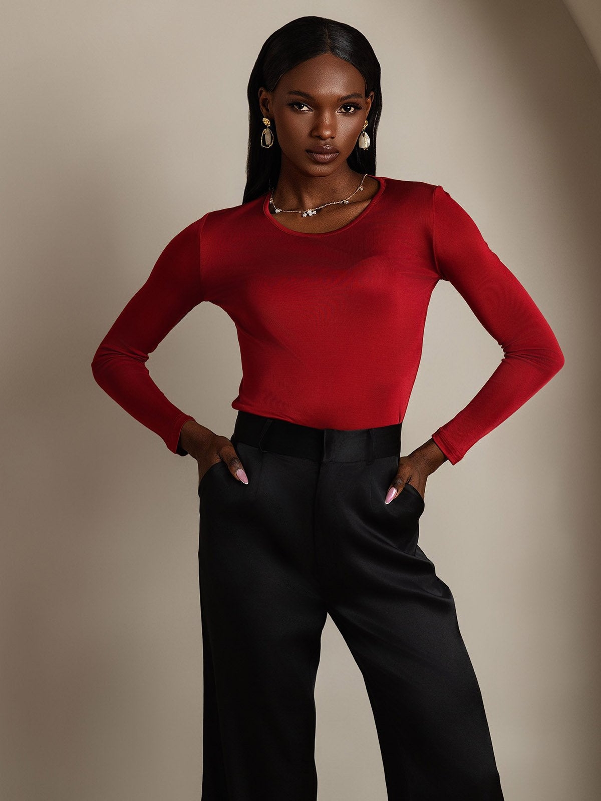 Silk Blend Round Neck Long-Sleeved T-Shirt