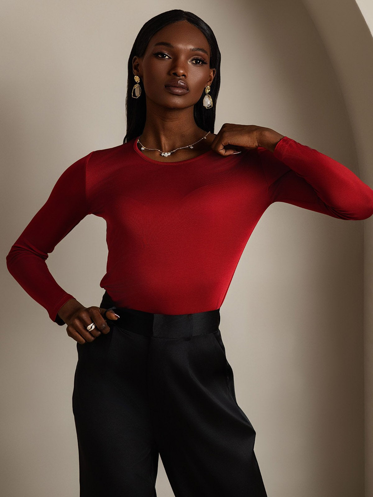 Silk Blend Round Neck Long-Sleeved T-Shirt