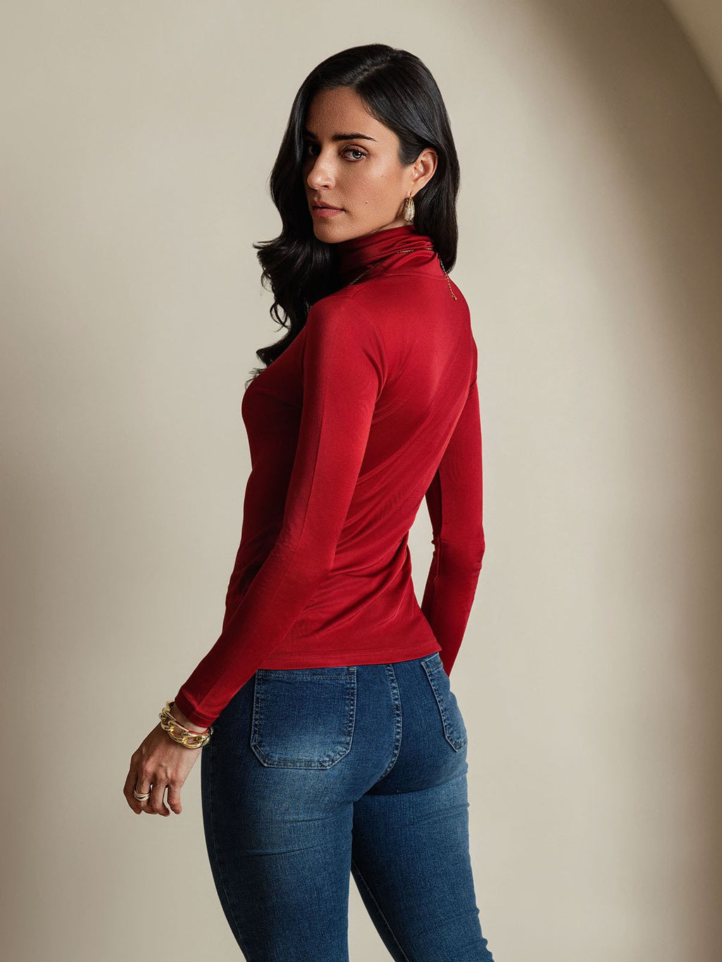Silk Blend High Neck Long-Sleeved T-Shirt