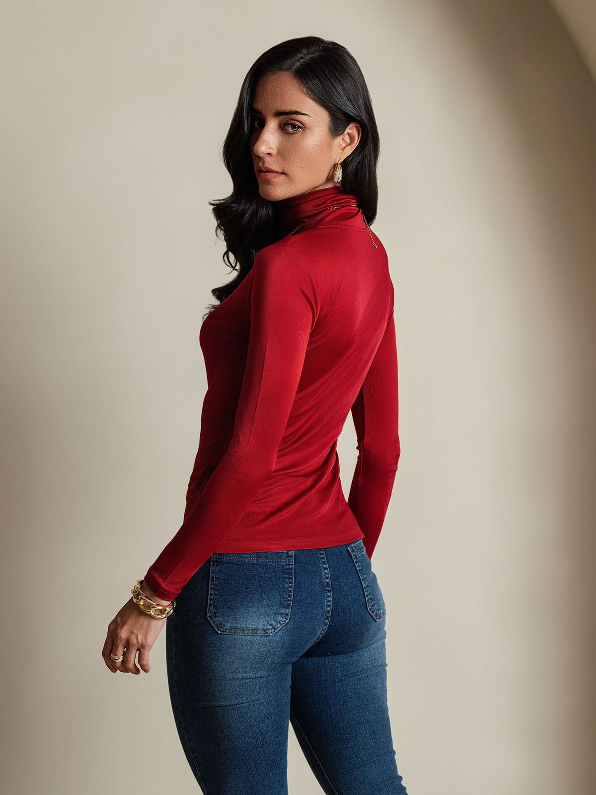 Silk Blend High Neck Long-Sleeved T-Shirt