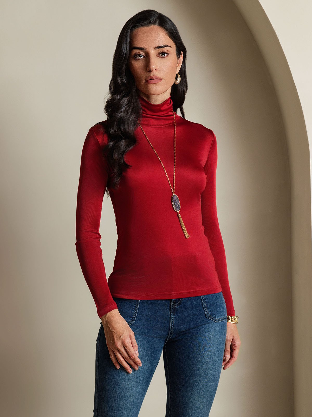 Silk Blend High Neck Long-Sleeved T-Shirt