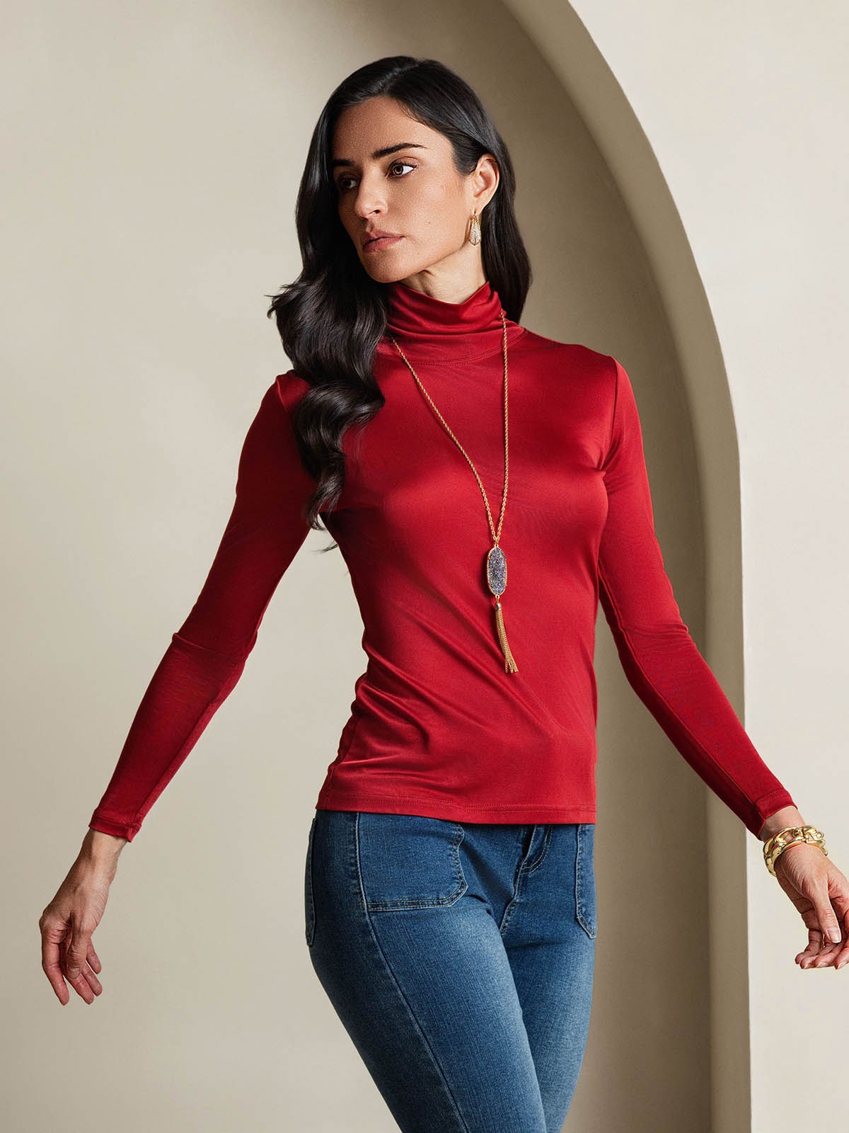 Silk Blend High Neck Long-Sleeved T-Shirt
