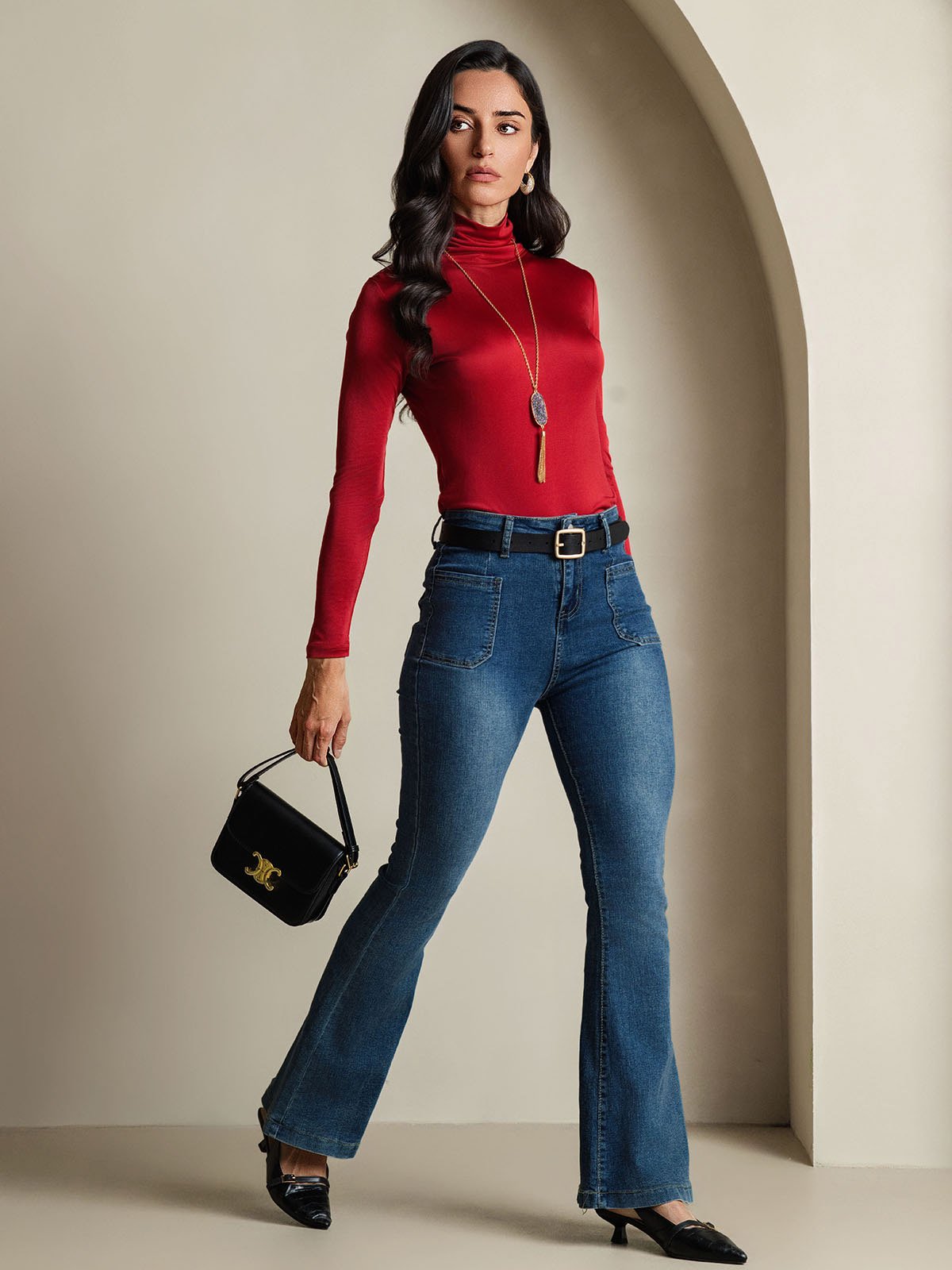 Silk Blend High Neck Long-Sleeved T-Shirt