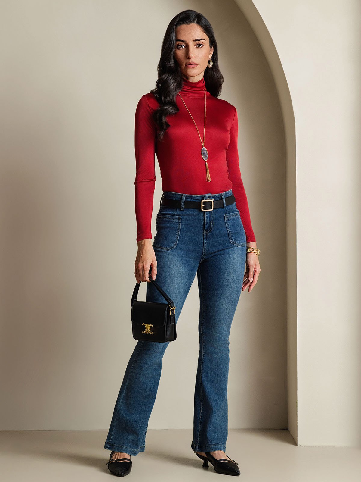 Silk Blend High Neck Long-Sleeved T-Shirt