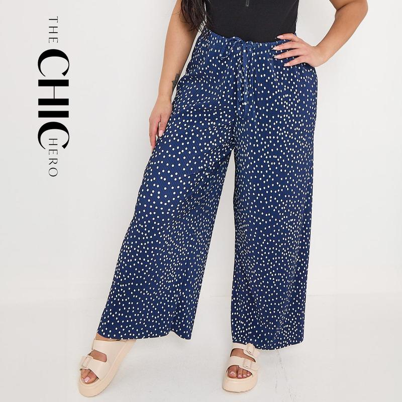 Blue Polka Dot Abstract Print Wide-Leg Drawstring Palazzo Pleated Pants
