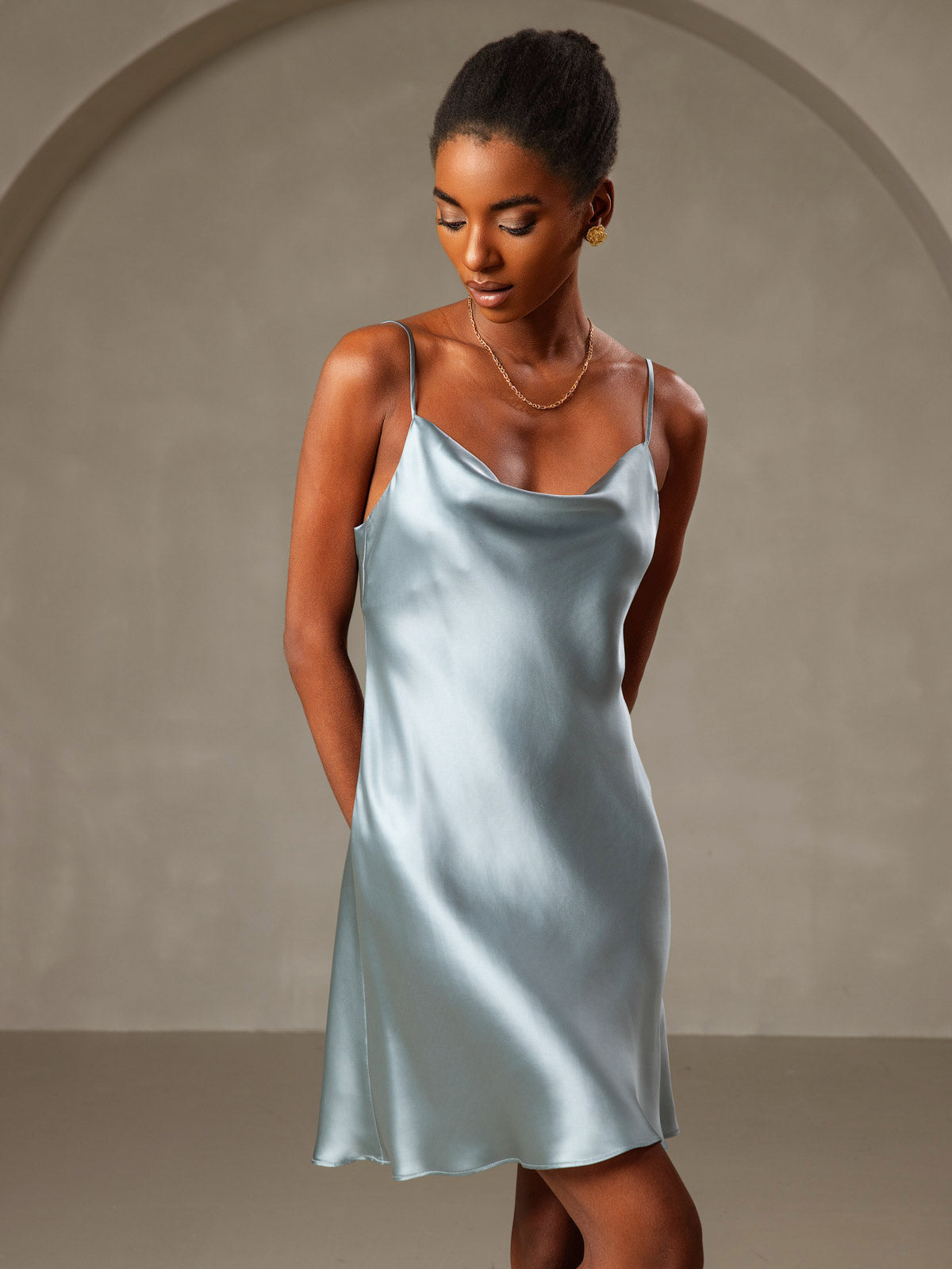 Pure Silk Spaghetti Straps Cowl Neck Short Dress