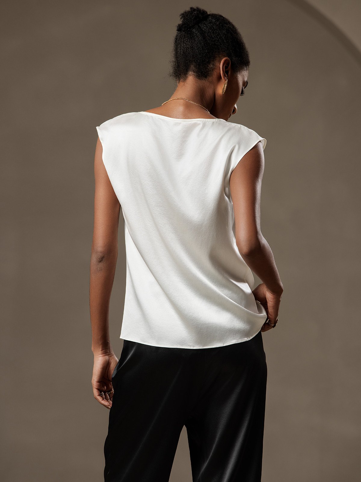 19Momme Silk Cap Sleeve Cowl Neck Tank Top/Blouse