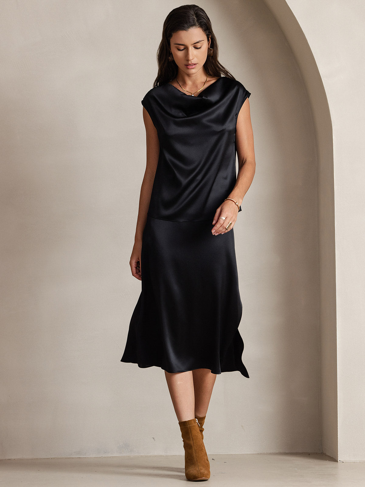 19Momme Silk Cowl Neck Cap Sleeve Blouse