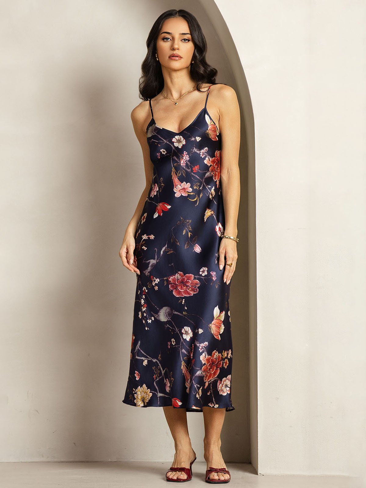 19Momme Silk V Neck Adjustable Strap Midi Dress