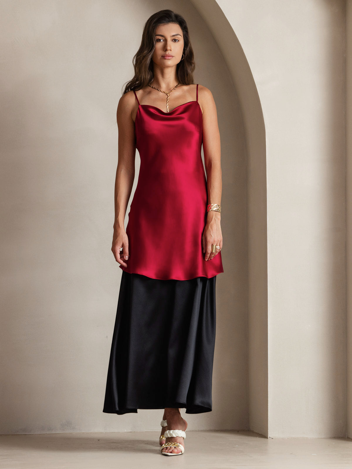 Pure Silk Spaghetti Straps Cowl Neck Short Dress