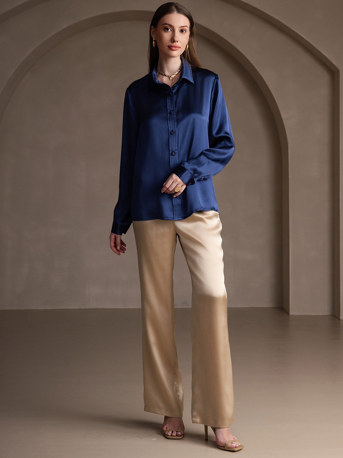 19Momme Silk Long Sleeve Lapel Collar Women's Shirt