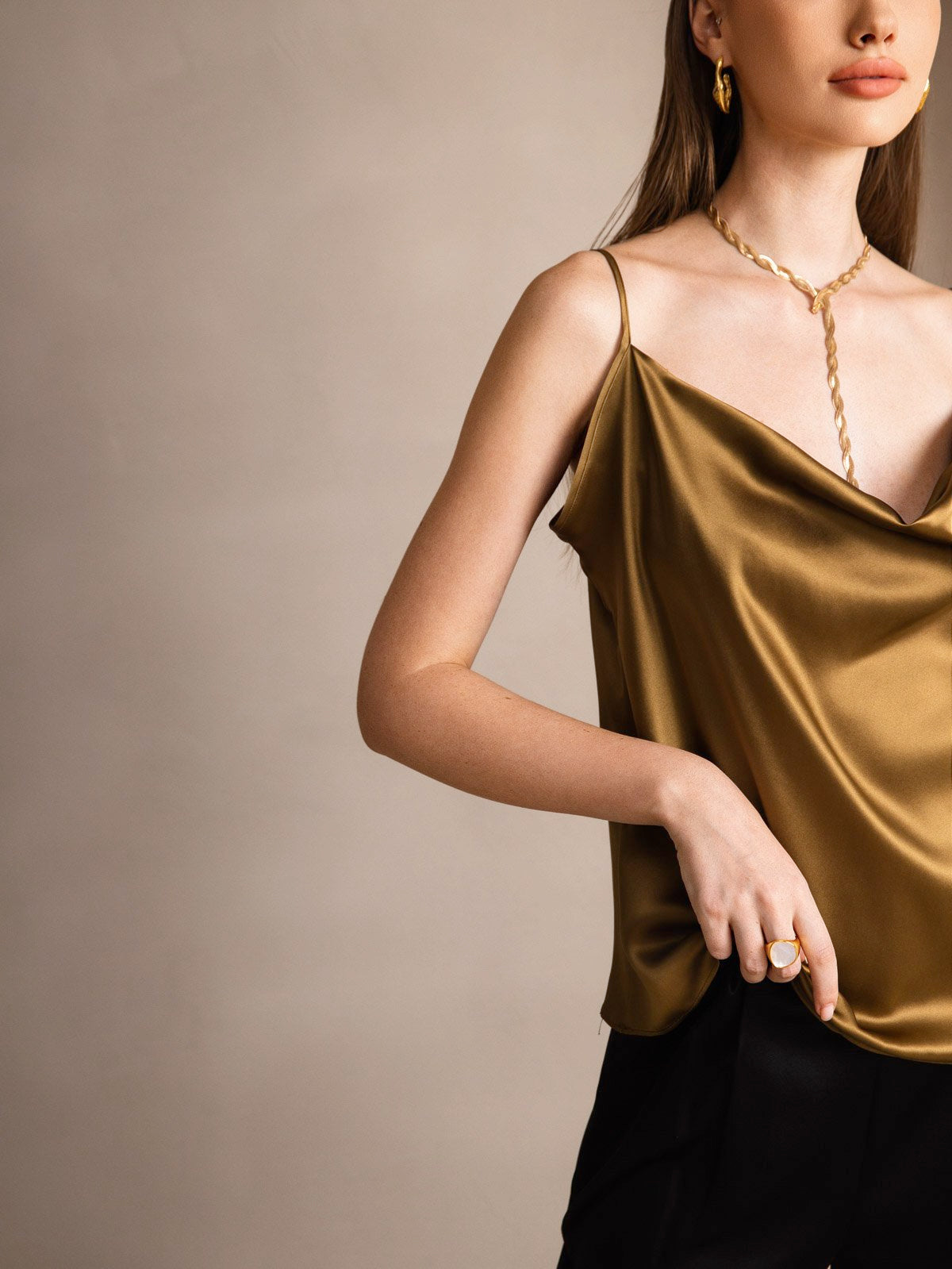 19Momme Silk Spaghetti Strap Cowl Neck Camisole Top