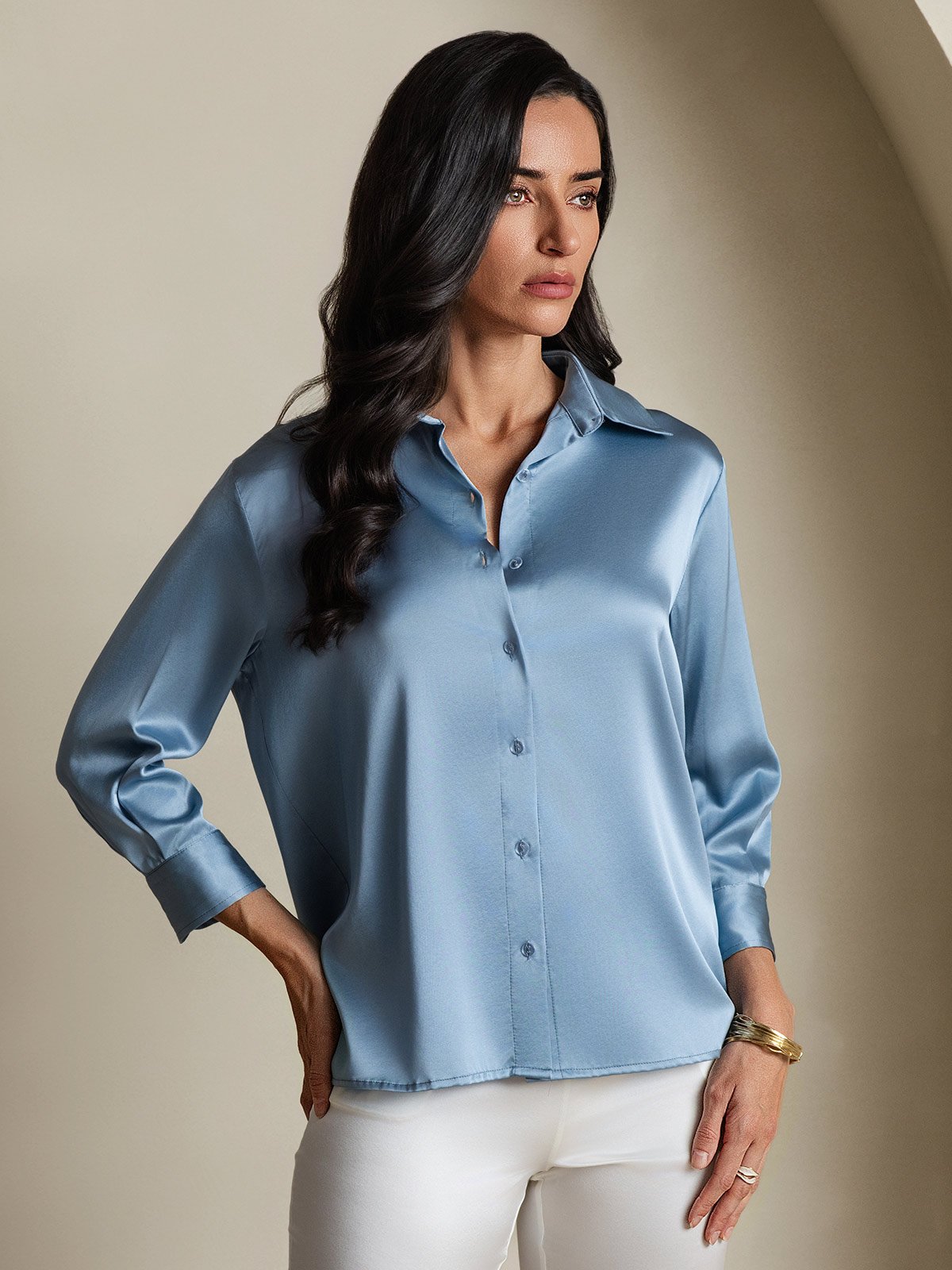 19Momme Silk 3/4 Sleeve Lapel Collar Women's Shirt with Button Up Design