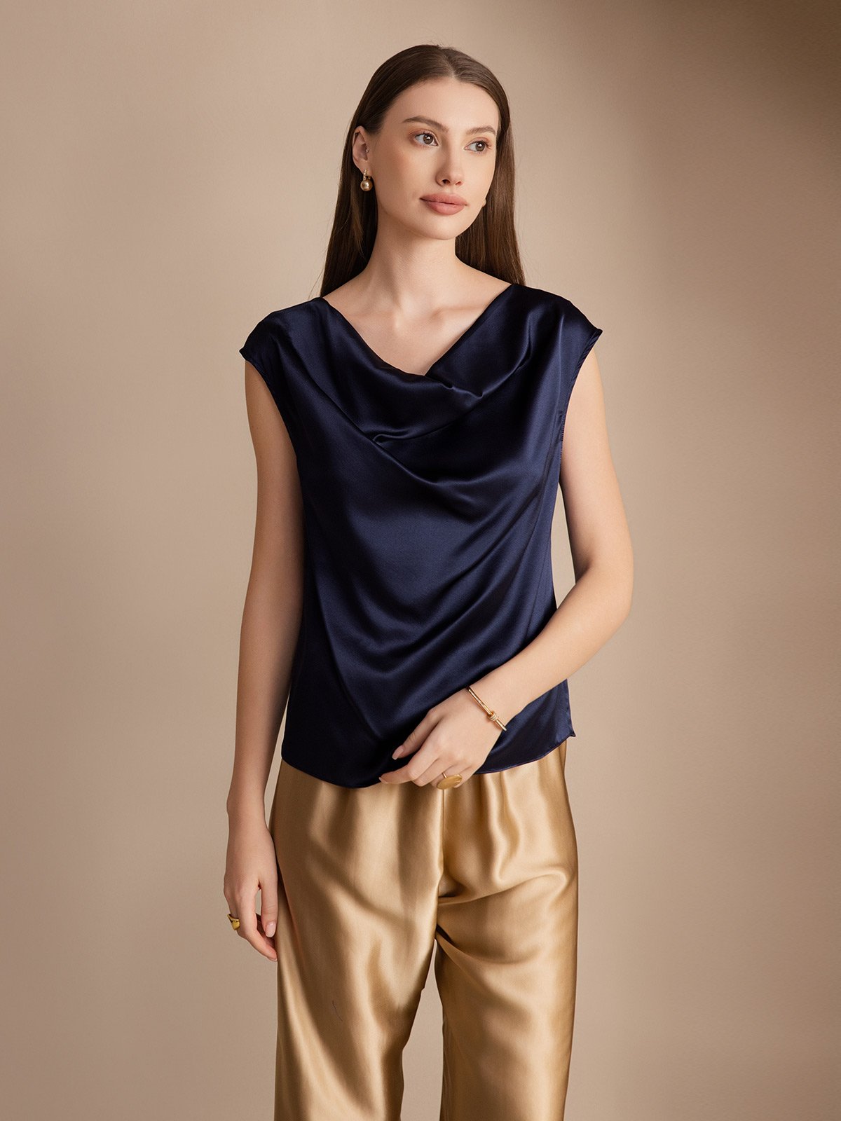 19Momme Silk Cap Sleeve Cowl Neck Tank Top/Blouse