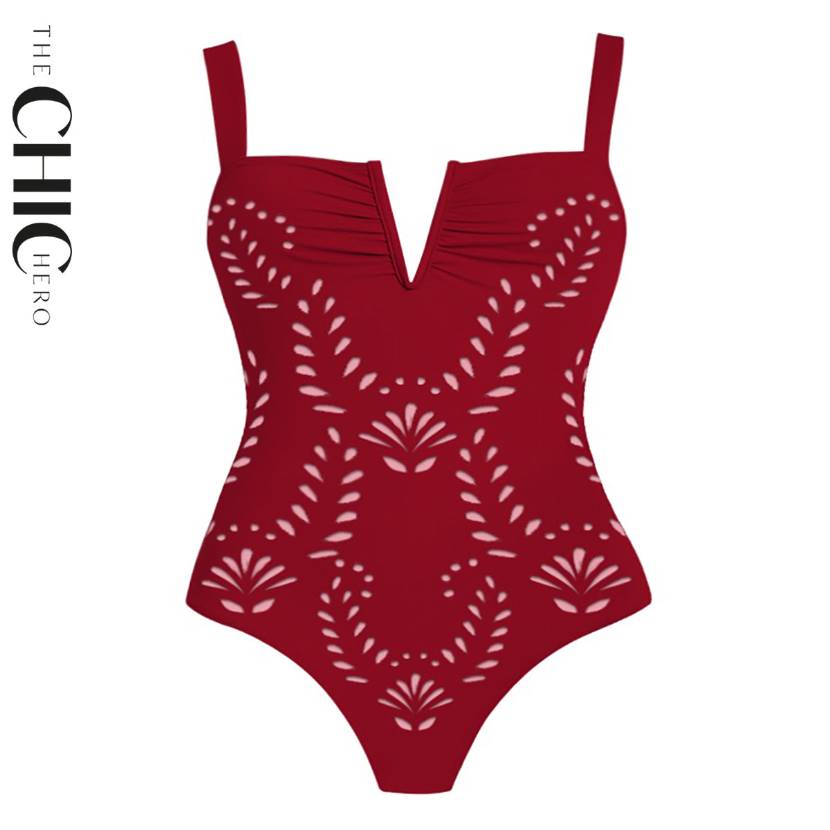 Red Petal Print Hollow One-Piece V Neck Swimsuit&Skirt