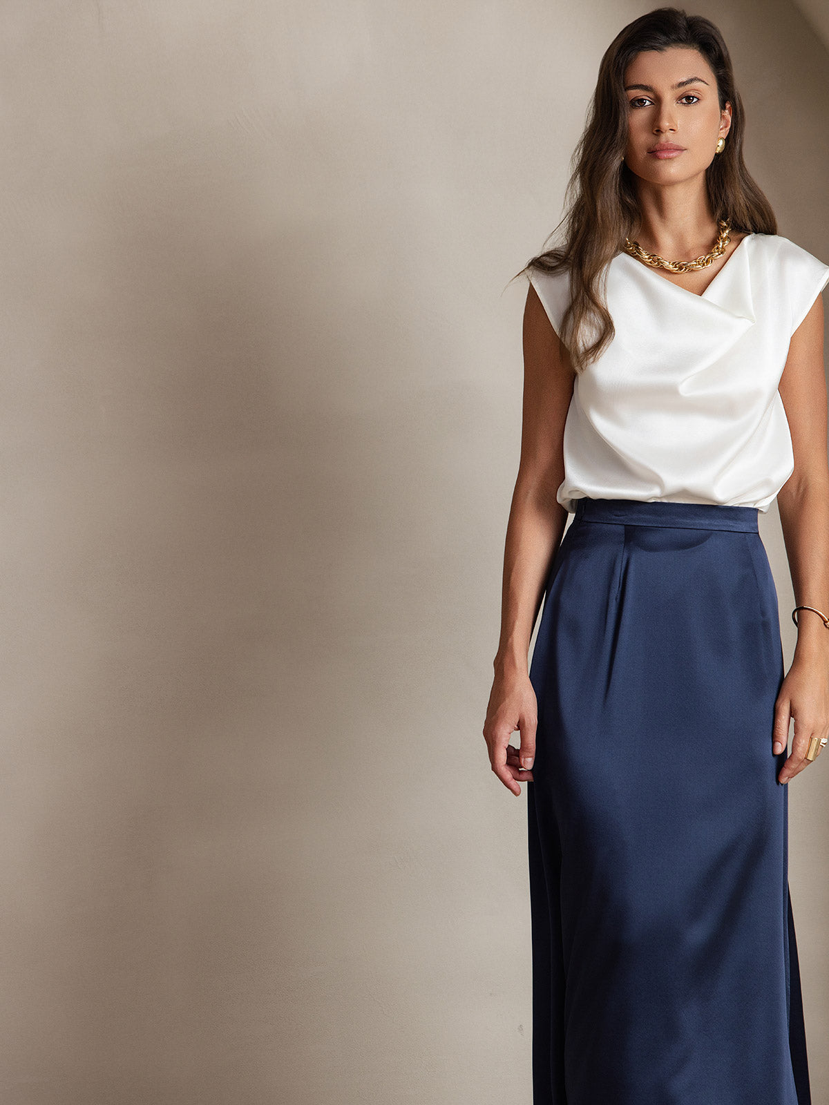 19Momme Silk Cowl Neck Cap Sleeve Blouse