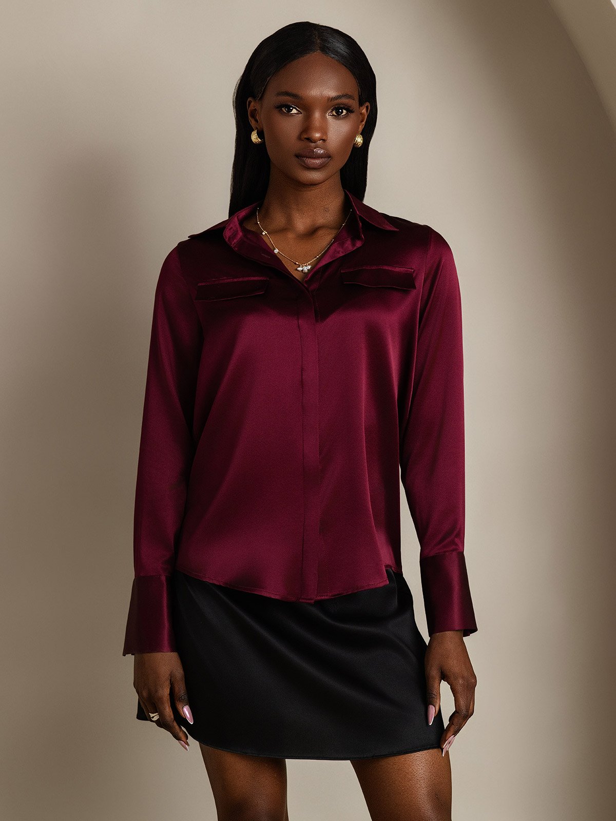 Women's 19Momme Silk Long Sleeve Lapel Collar Military Shirt
